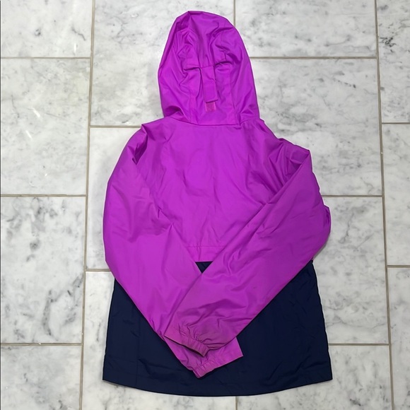 Columbia Magenta and Dark Blue Hooded raincoat. Little stained on end of sleeves - Picture 2 of 4